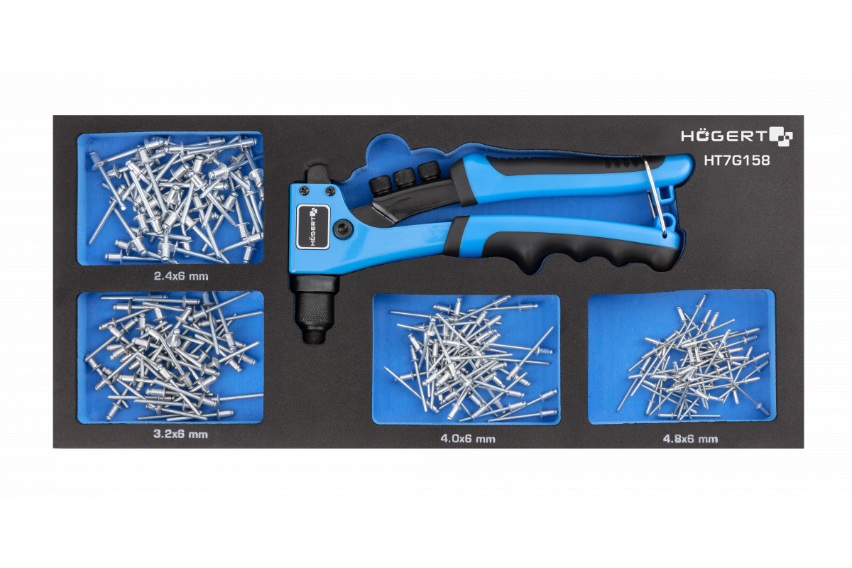 HOEGERT Заклепочник с заклепками 201 шт., ложемент EVA; 2,4 мм 50 шт. 3,2 мм 50 шт. 4,0 мм 50 шт. 4,8 мм 50 шт.